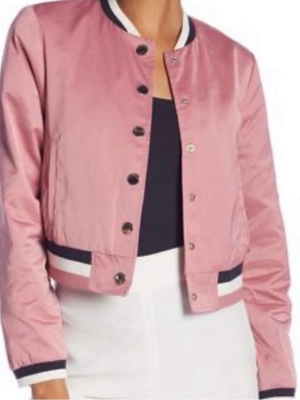 Ted Baker color by numbers Satin Pink Cropped Varsity Jacket with Contrast Trim